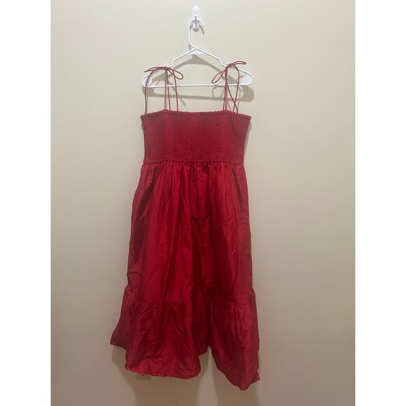 Dhruv Kapoor Sz L Anthropologie Smocked Cerise Dress Red Tiered Long - Nice! - Picture 5 of 8